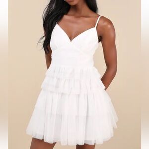 Lulus NWT Poise White Tulle Pleated Sleeveless Tiered Mini Dress